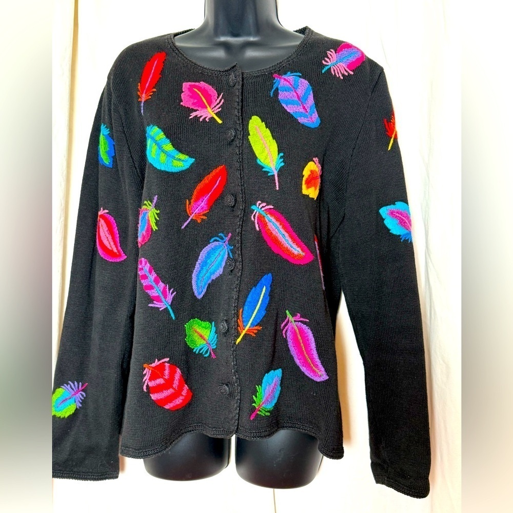 Michael Simon Vintage Embroidered Feathers Button-Down Sweater (1998) Sz M